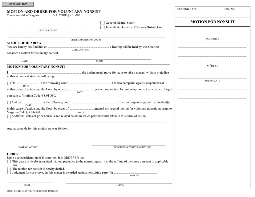Form DC-419 Motion and Order for Voluntary Nonsuit - Virginia
