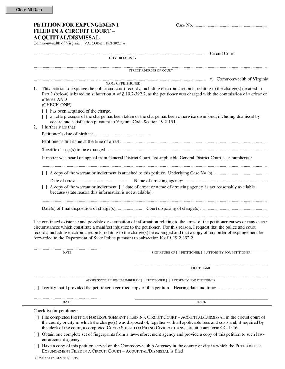 Form CC-1473 Petition for Expungement Filed in a Circuit Court - Acquittal / Dismissal - Virginia, Page 1