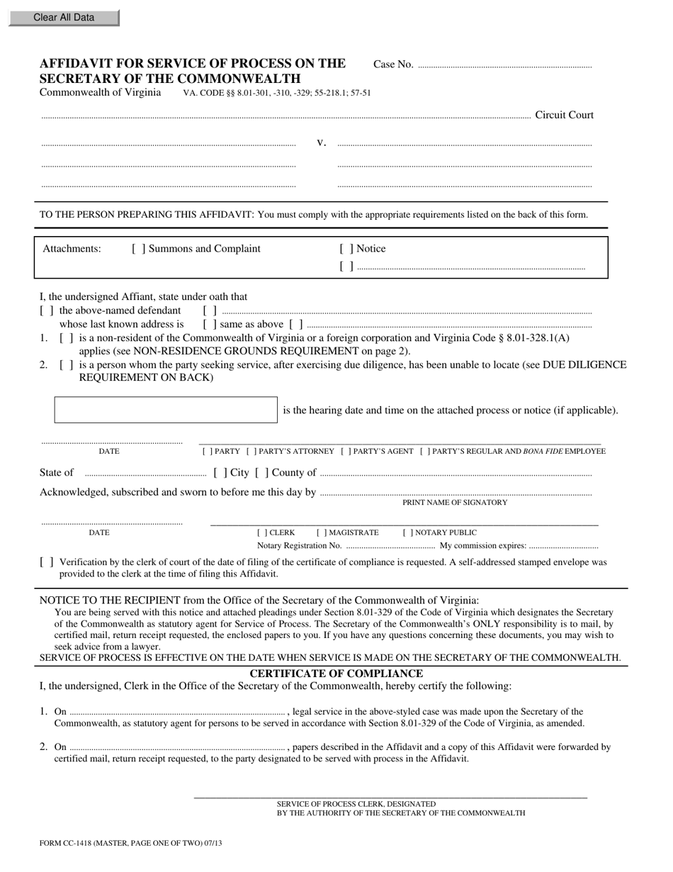 Form CC-1418 Affidavit for Service of Process on the Secretary of the Commonwealth - Virginia, Page 1