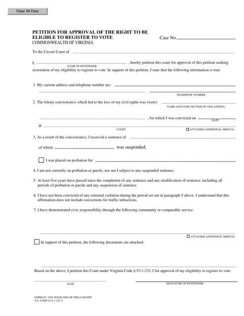 Form CC-1403 Petition for Approval of the Right to Be Eligible to Register to Vote - Virginia