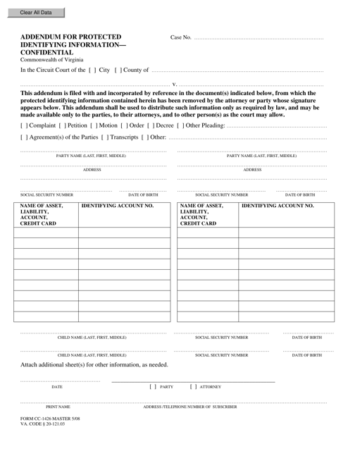 Form CC-1426 Addendum for Protected Identifying Information - Confidential - Virginia