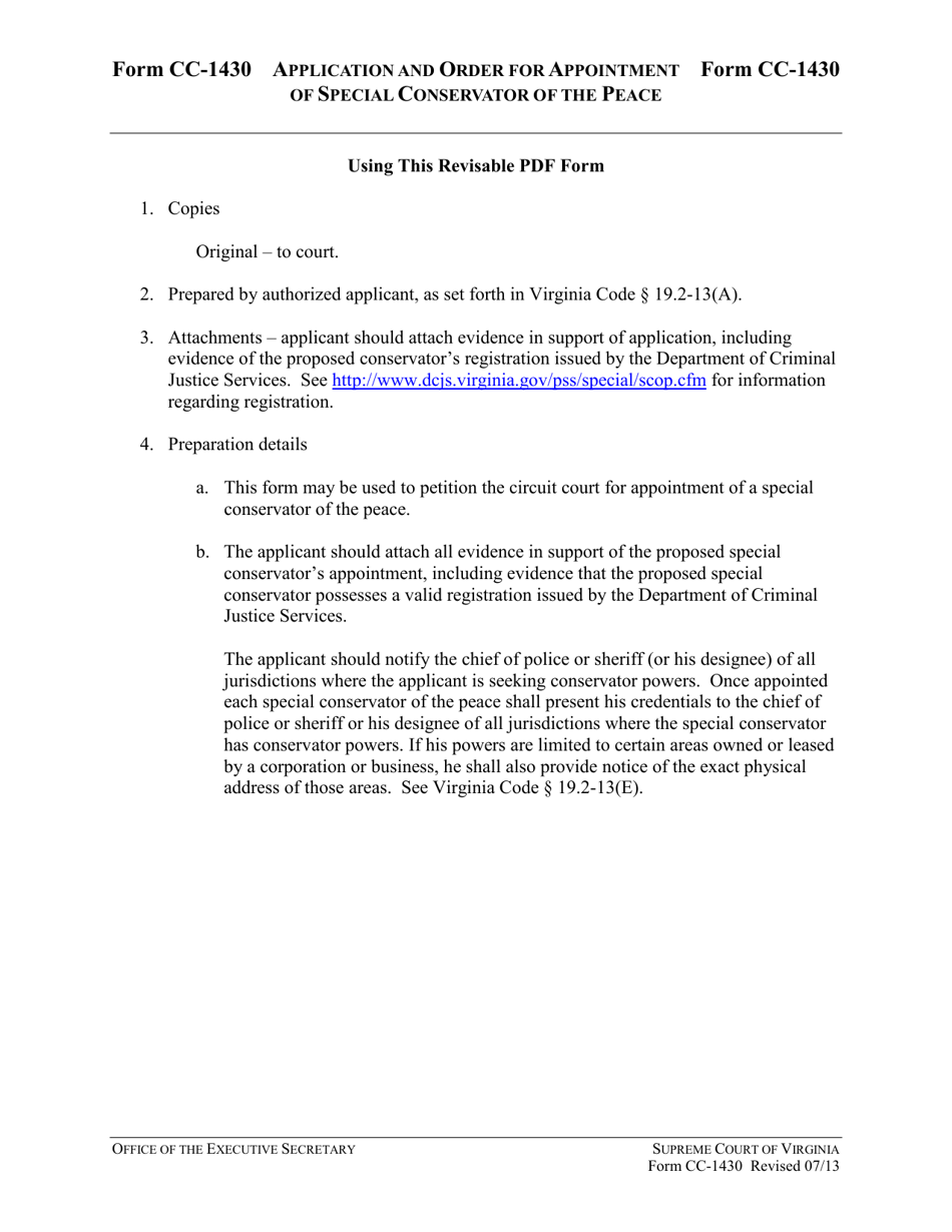 Instructions for Form CC-1430 Application and Order for Appointment of Special Conservator of the Peace - Virginia, Page 1