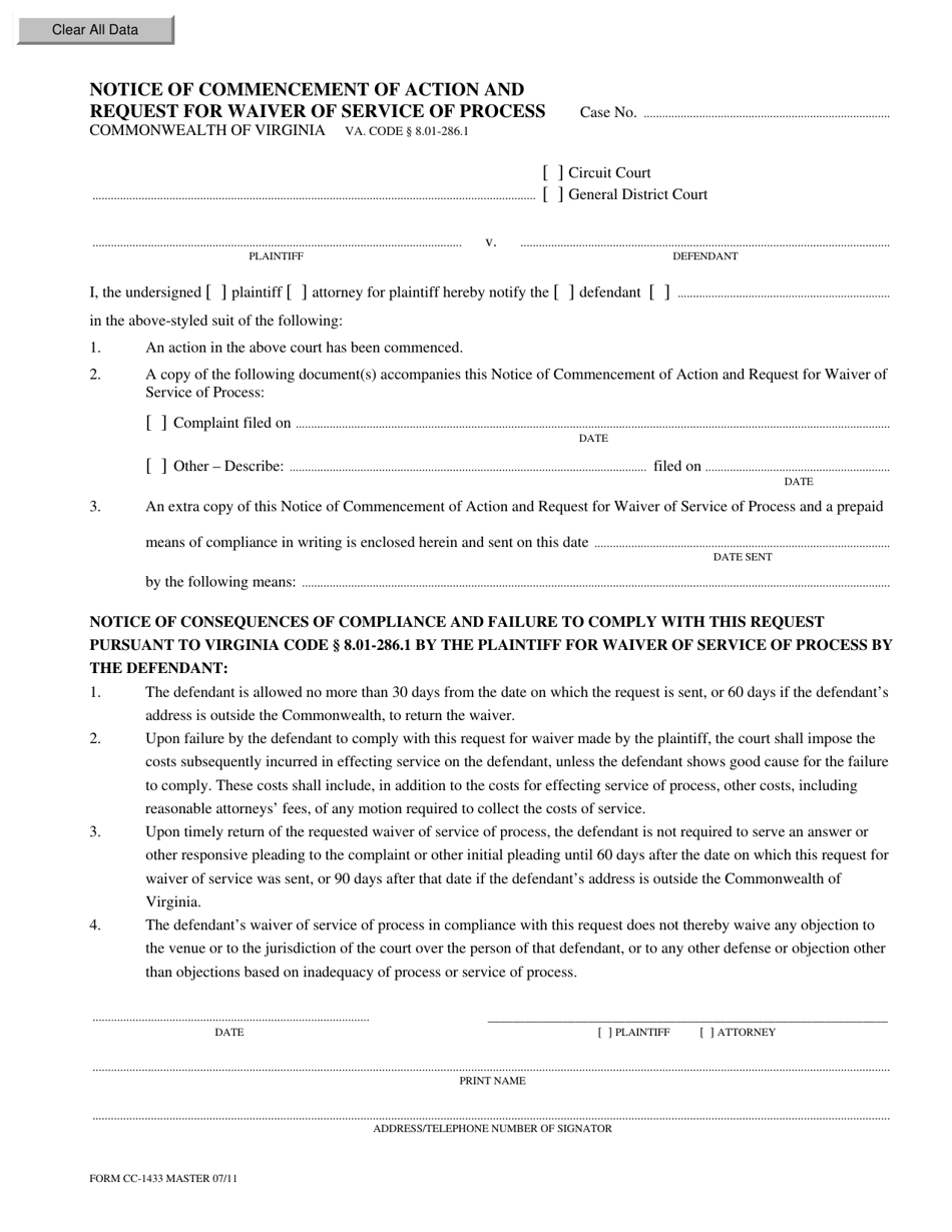 Form CC-1433 Notice of Commencement of Action and Request for Waiver of Service of Process - Virginia, Page 1