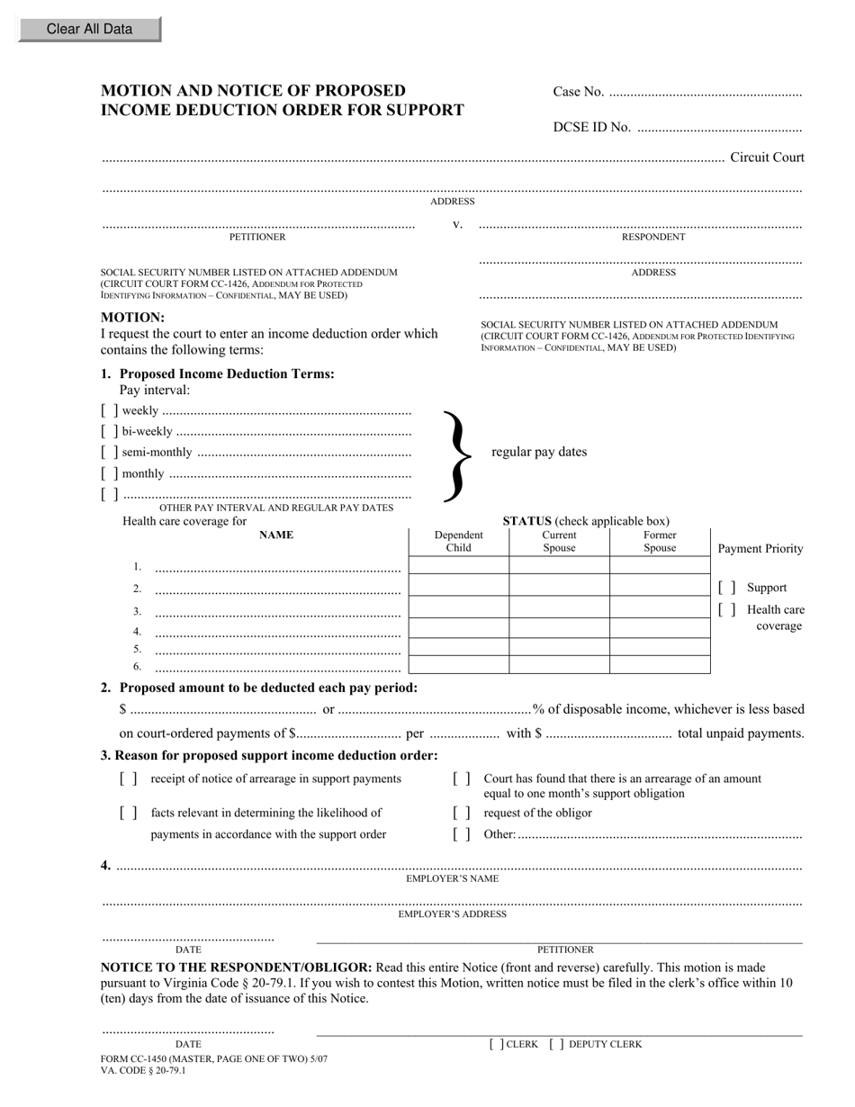 Form CC-1450 Motion and Notice of Proposed Income Deduction Order for Support - Virginia, Page 1