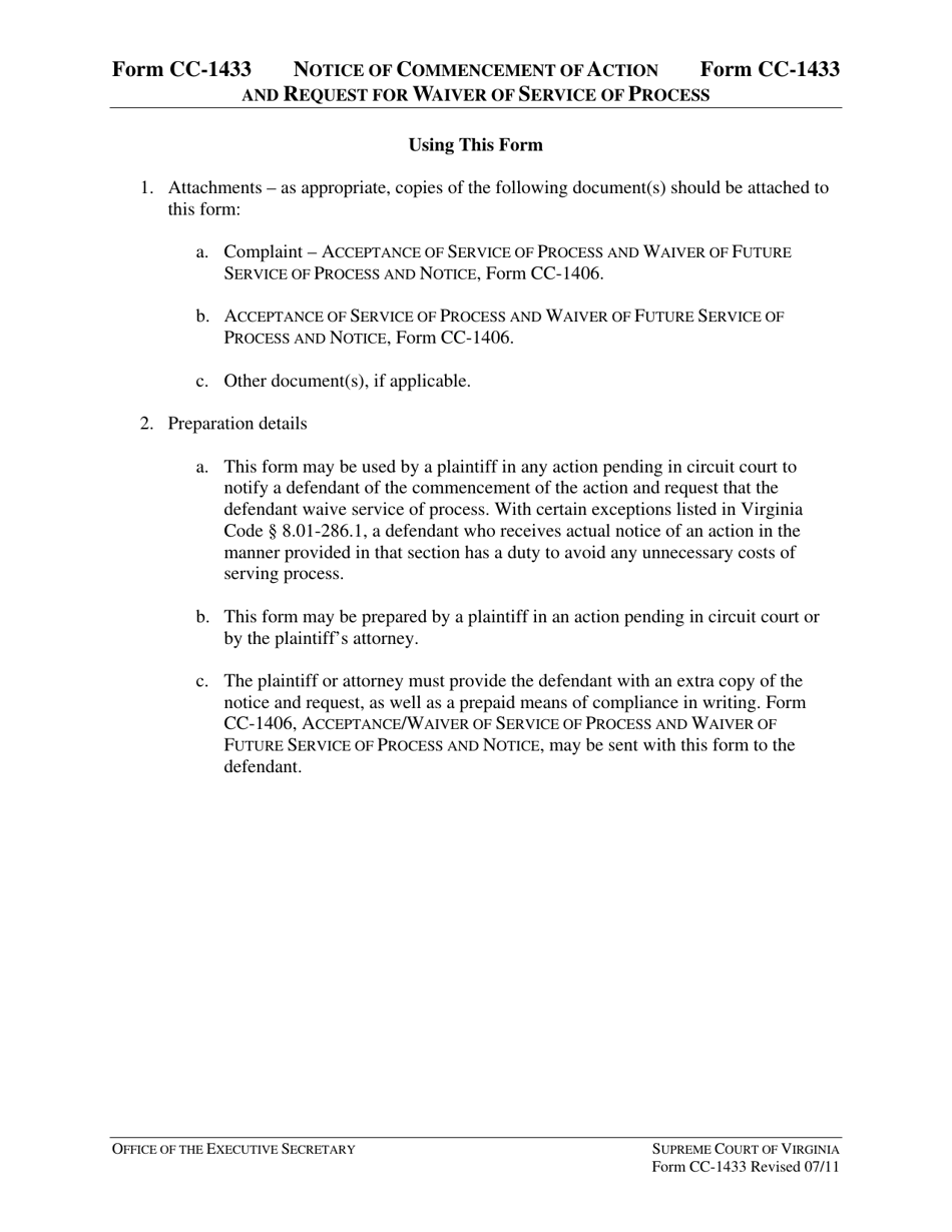 Instructions for Form CC-1433 Notice of Commencement of Action and Request for Waiver of Service of Process - Virginia, Page 1