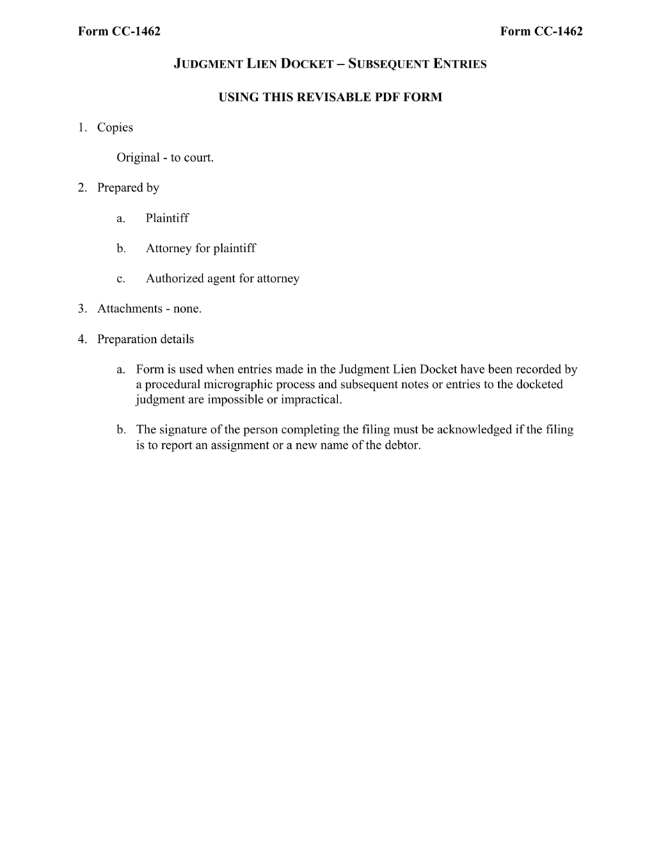 Instructions for Form CC-1462 Judgment Lien Docket - Subsequent Entries - Virginia, Page 1