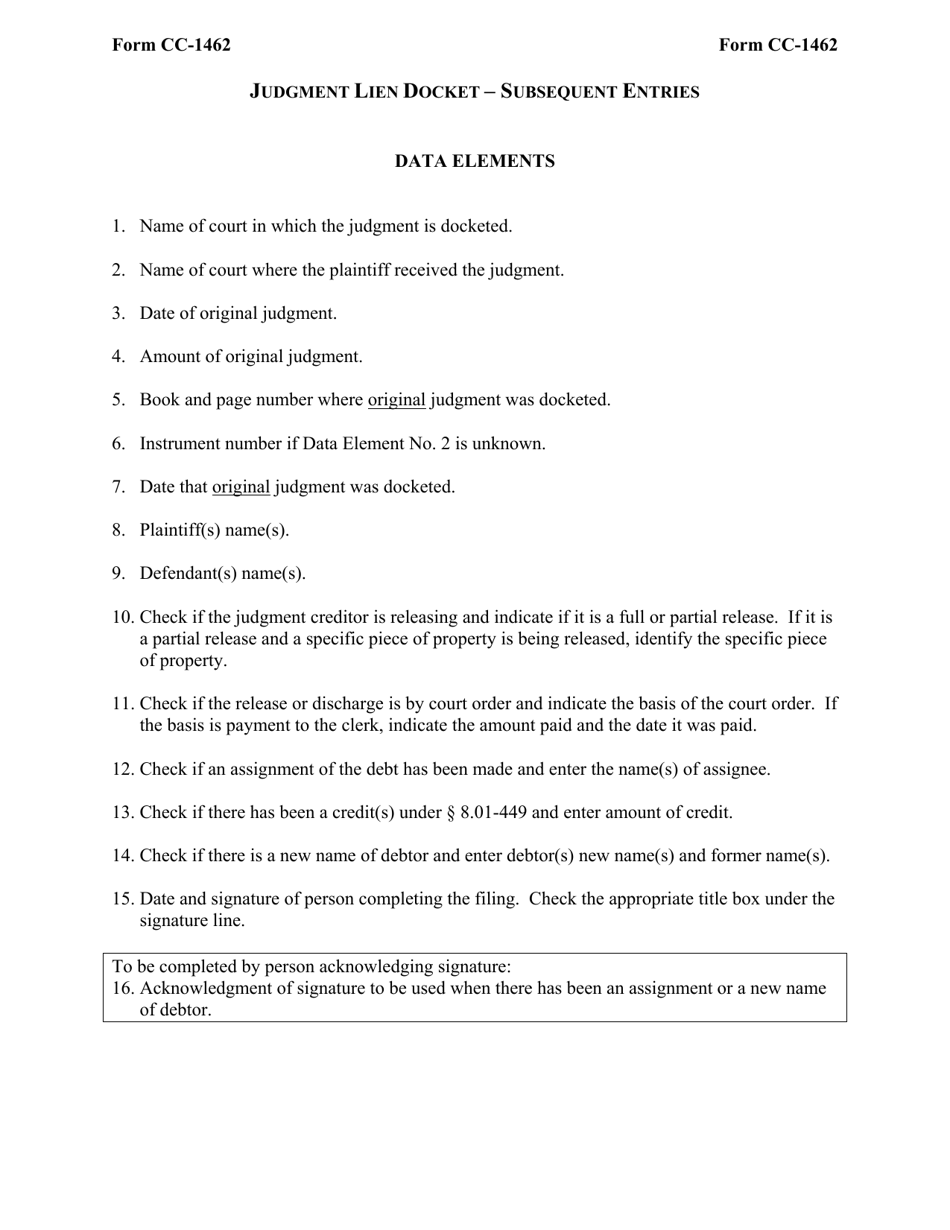 Instructions for Form CC-1462 Judgment Lien Docket - Subsequent Entries - Virginia, Page 2