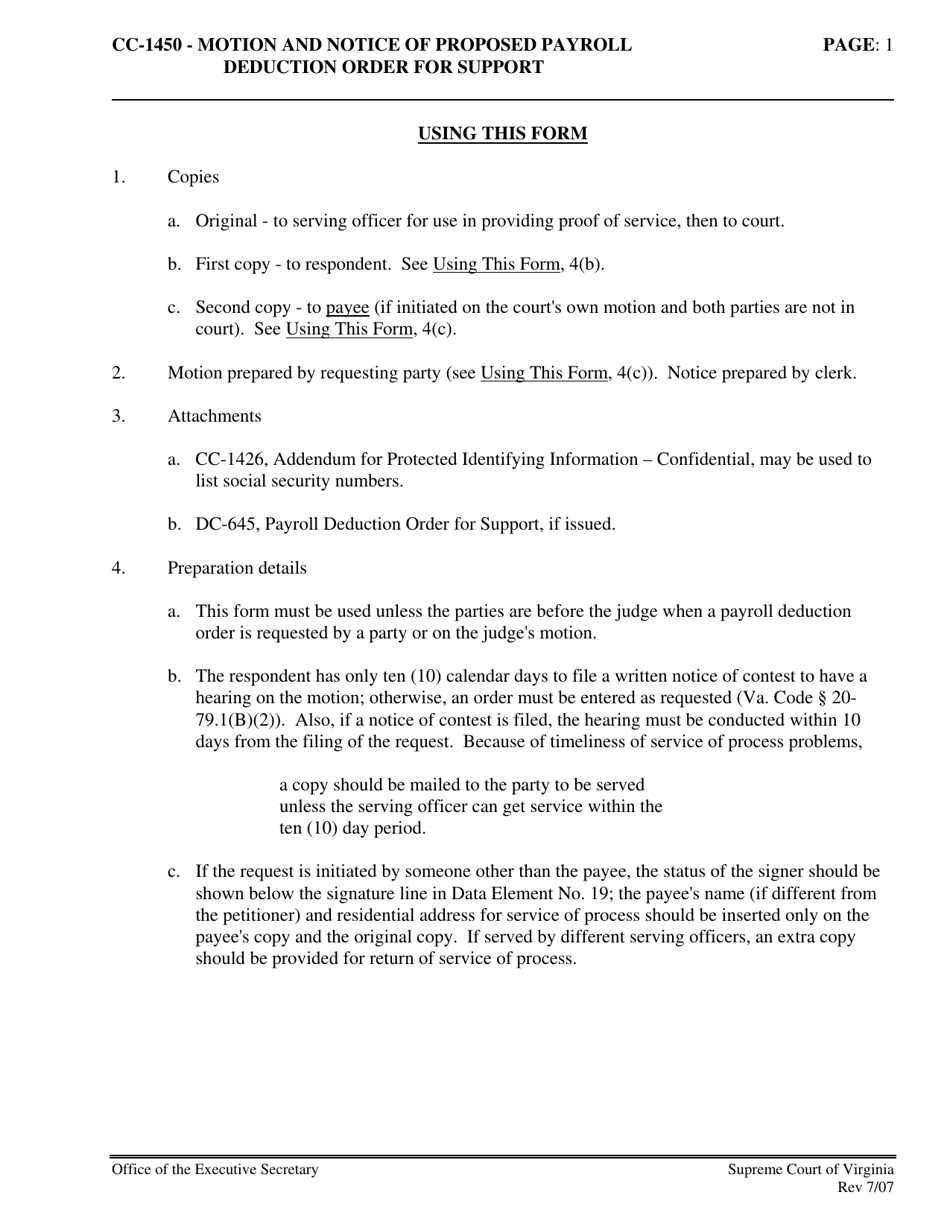 Instructions for Form CC-1450 Motion and Notice of Proposed Income Deduction Order for Support - Virginia, Page 1