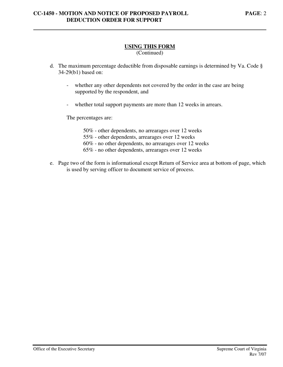 Instructions for Form CC-1450 Motion and Notice of Proposed Income Deduction Order for Support - Virginia, Page 2