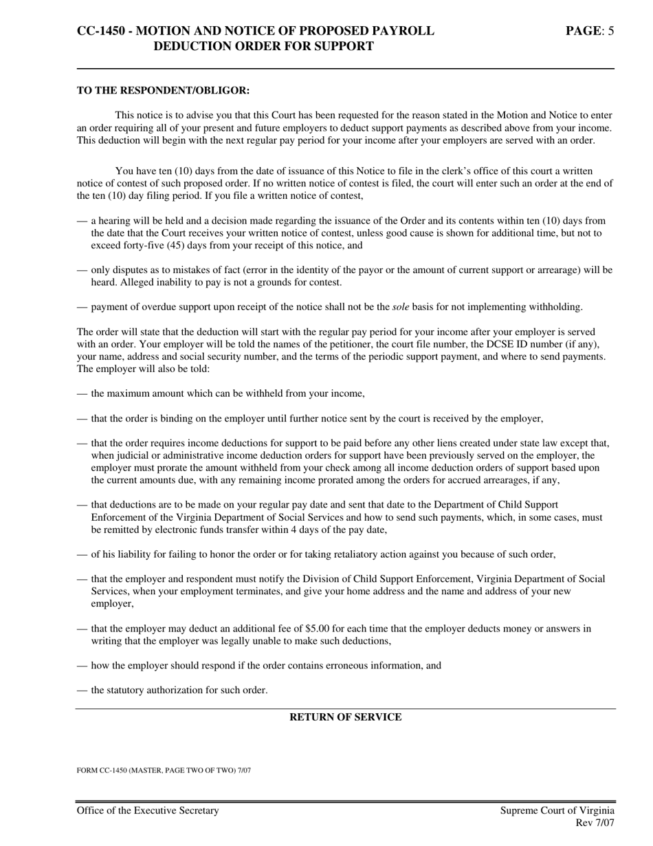 Instructions for Form CC-1450 Motion and Notice of Proposed Income Deduction Order for Support - Virginia, Page 5