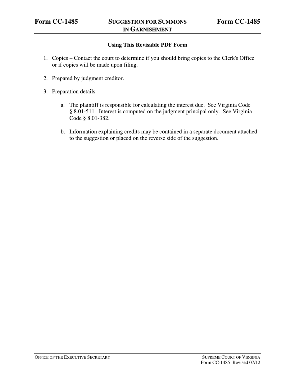 Instructions for Form CC-1485 Suggestion for Summons in Garnishment - Virginia, Page 1