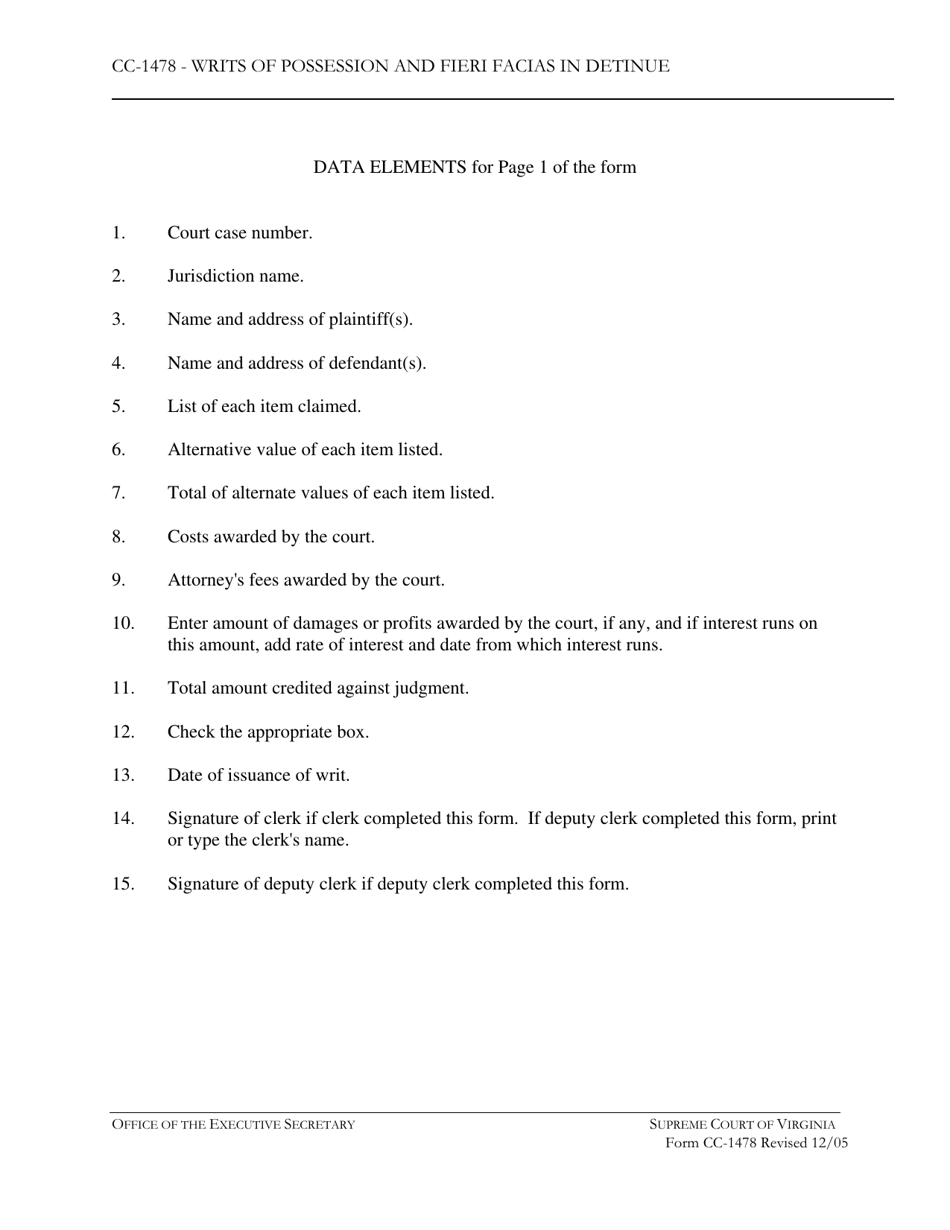 Instructions for Form CC-1478 Writs of Possession and Fieri Facias in Detinue - Virginia, Page 2