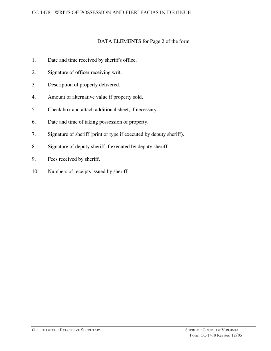 Instructions for Form CC-1478 Writs of Possession and Fieri Facias in Detinue - Virginia, Page 3