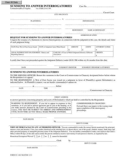 Form CC-1481 Summons to Answer Interrogatories - Virginia