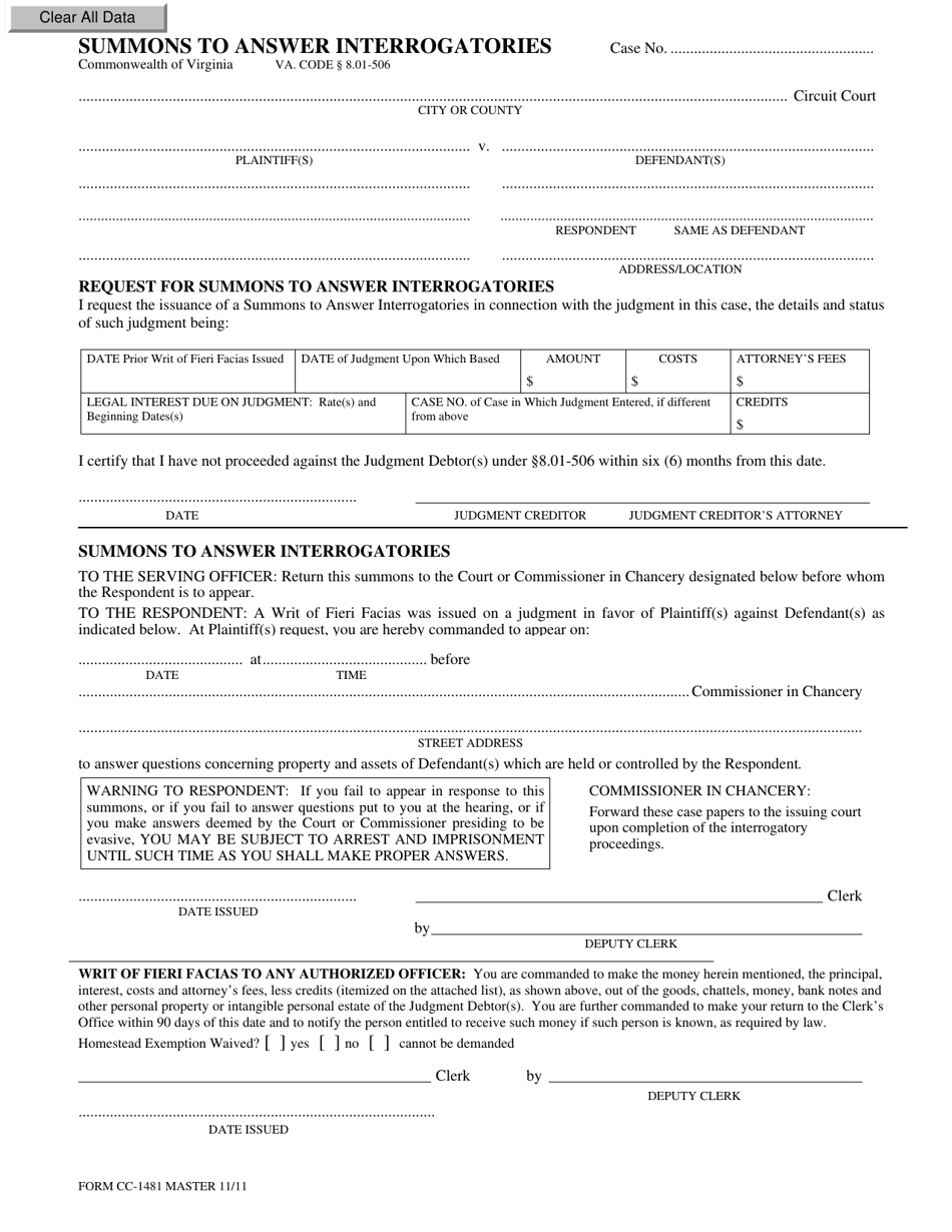 Form CC-1481 Summons to Answer Interrogatories - Virginia, Page 1