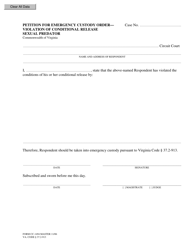 Document preview: Form CC-1494 Petition for Emergency Custody Order - Violation of Conditional Release Sexual Predator - Virginia