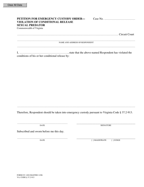 Form CC-1494 Petition for Emergency Custody Order - Violation of Conditional Release Sexual Predator - Virginia
