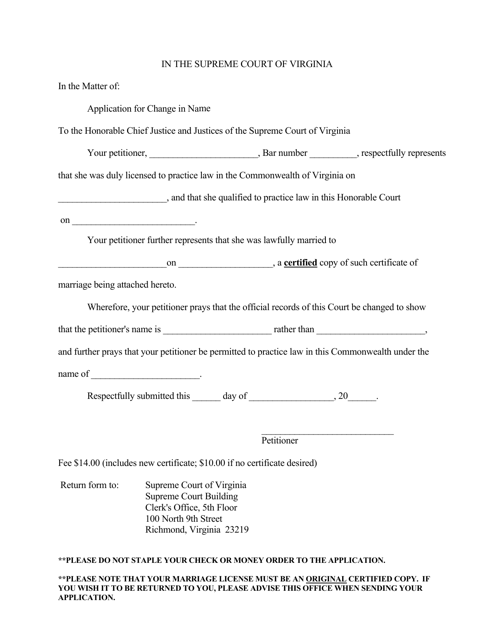 Application for Change in Name Based Upon New Marriage - Virginia