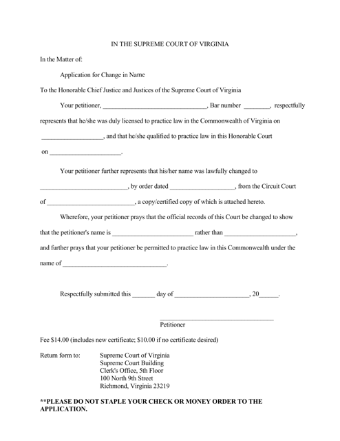Application for Change in Name Based Upon Circuit Court Order - Virginia Download Pdf