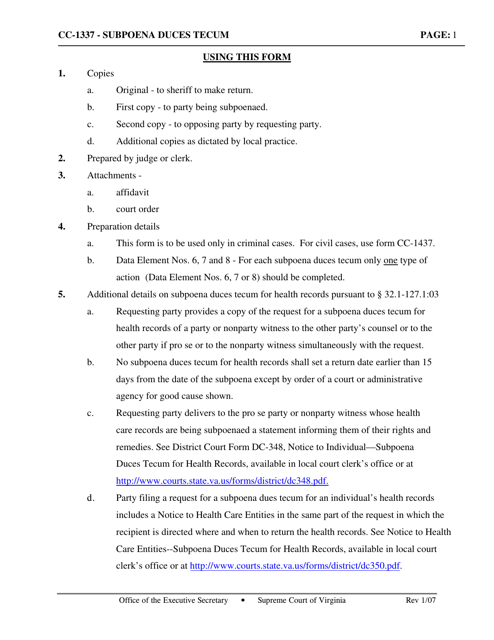 Instructions for Form CC-1337 Subpoena Duces Tecum - Virginia