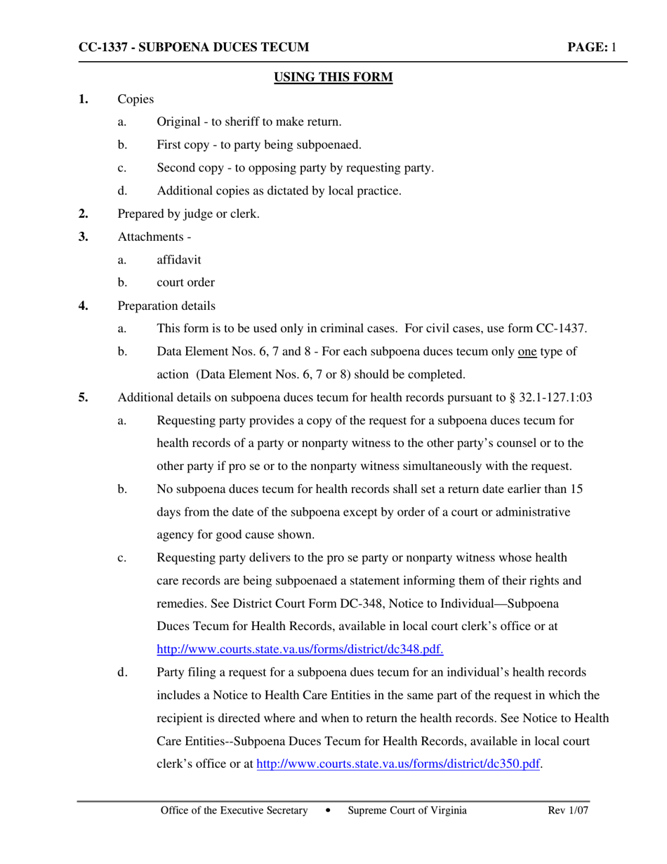 Instructions for Form CC-1337 Subpoena Duces Tecum - Virginia, Page 1