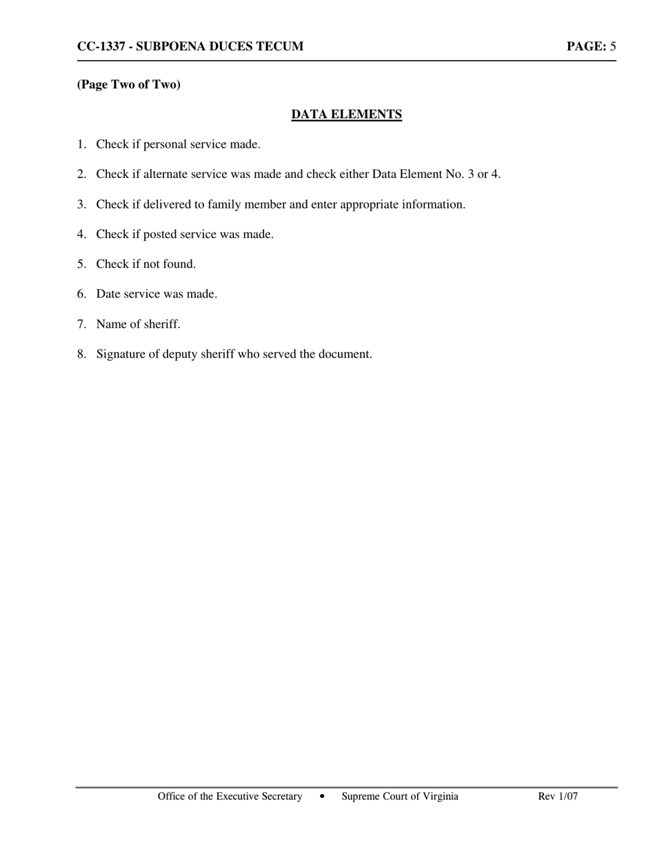 Instructions for Form CC-1337 Subpoena Duces Tecum - Virginia, Page 5