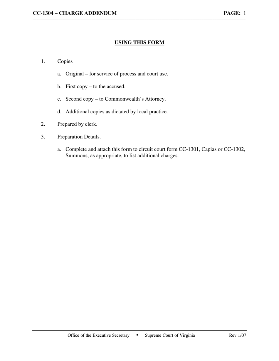 Instructions for Form CC-1304 Charge Addendum - Virginia, Page 1