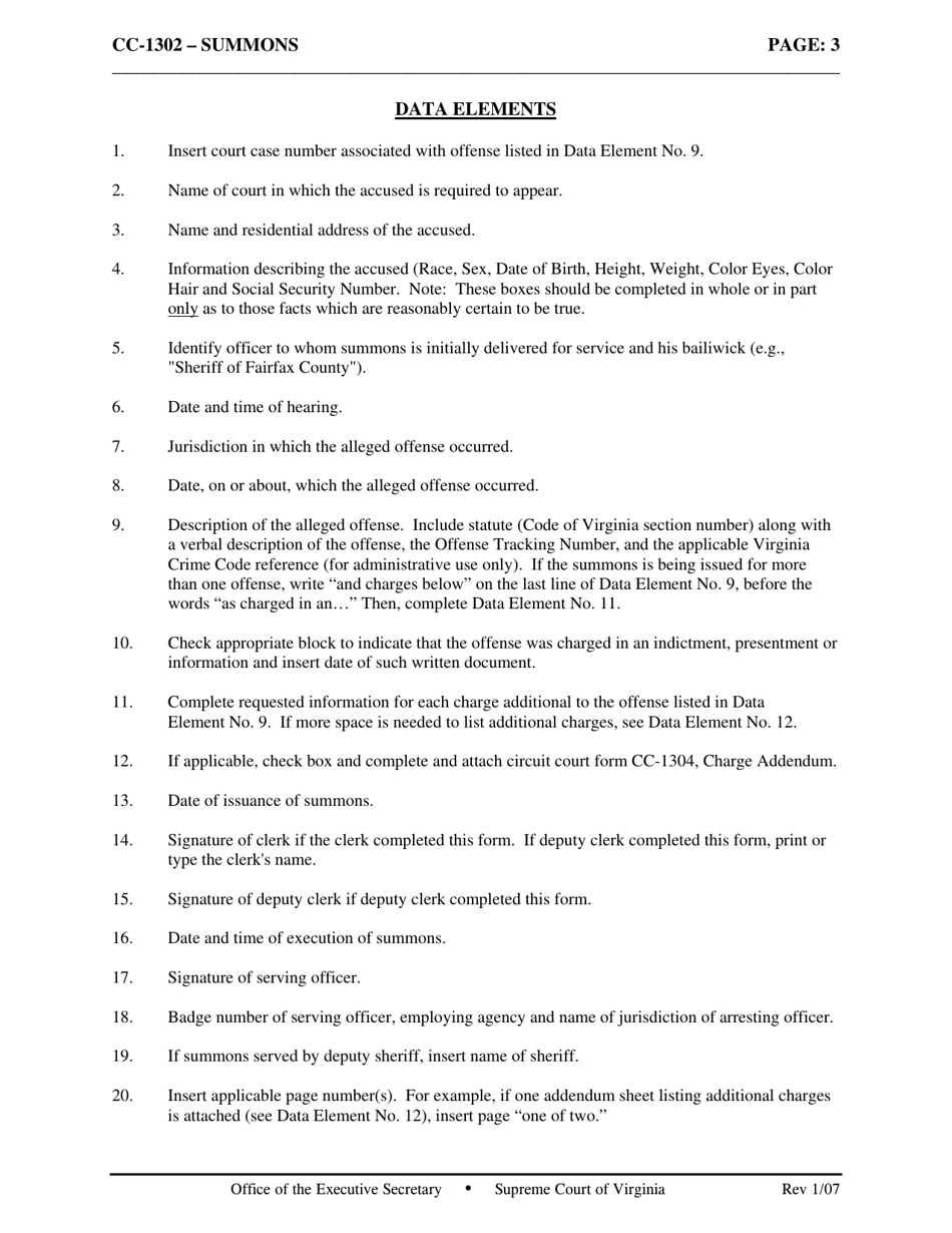 Instructions for Form CC-1302 Summons - Virginia, Page 3
