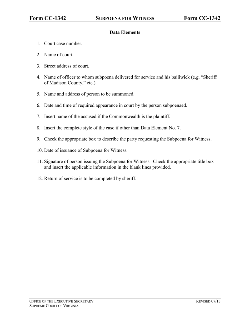 Instructions for Form CC-1342 Subpoena for Witness - Virginia, Page 3