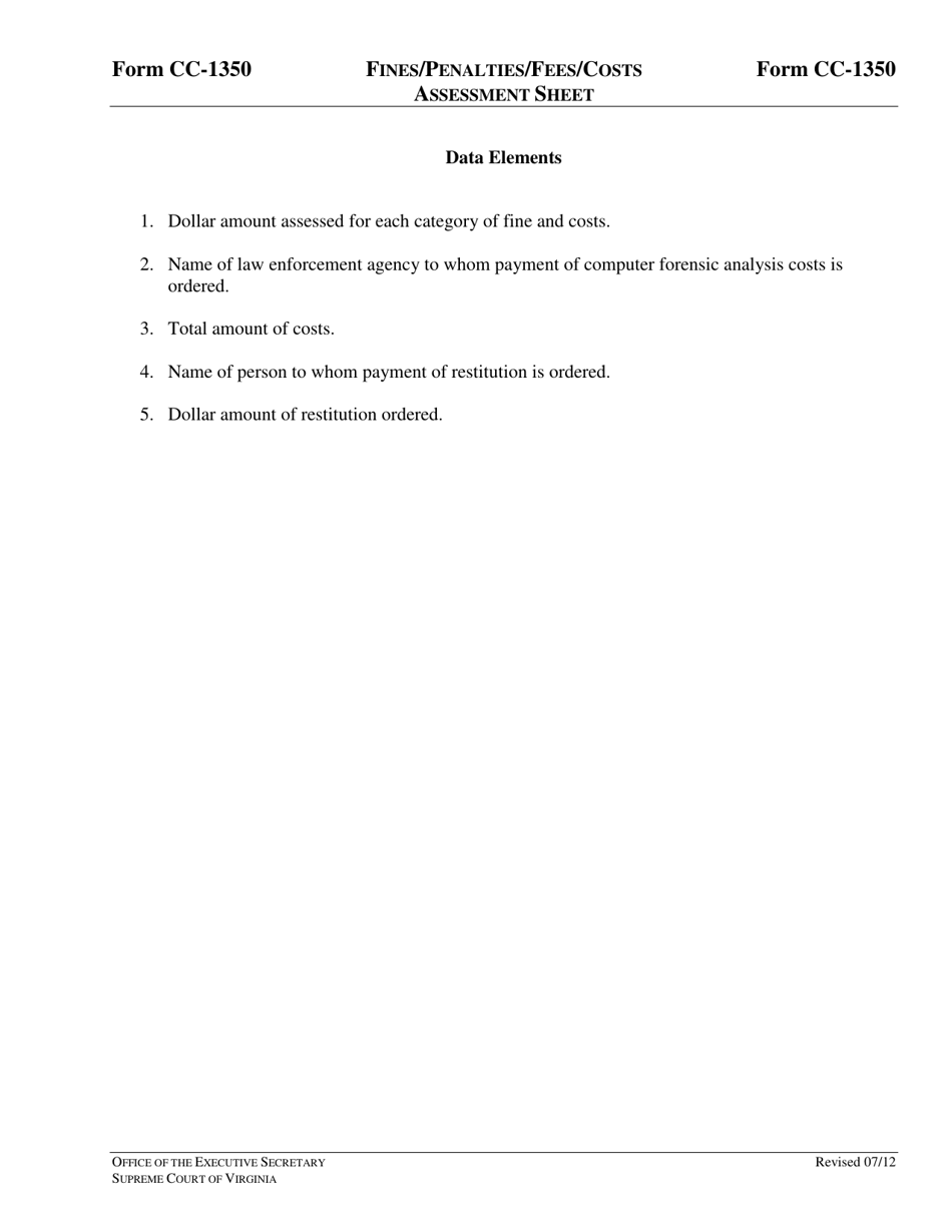 Instructions for Form CC-1350 Fines / Penalties / Fees / Costs Assessment Sheet - Virginia, Page 3