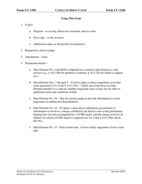 Instructions for Form CC-1356 Capias to Show Cause - Virginia