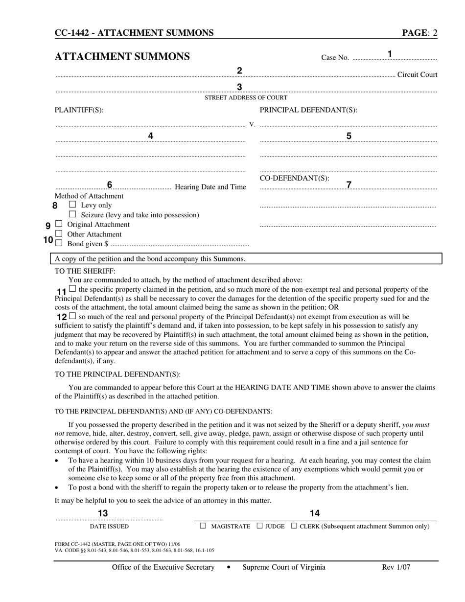 Instructions for Form CC-1442 Attachment Summons - Virginia, Page 2