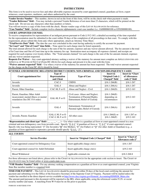 Instructions for Form DC-40 List of Allowances - Virginia