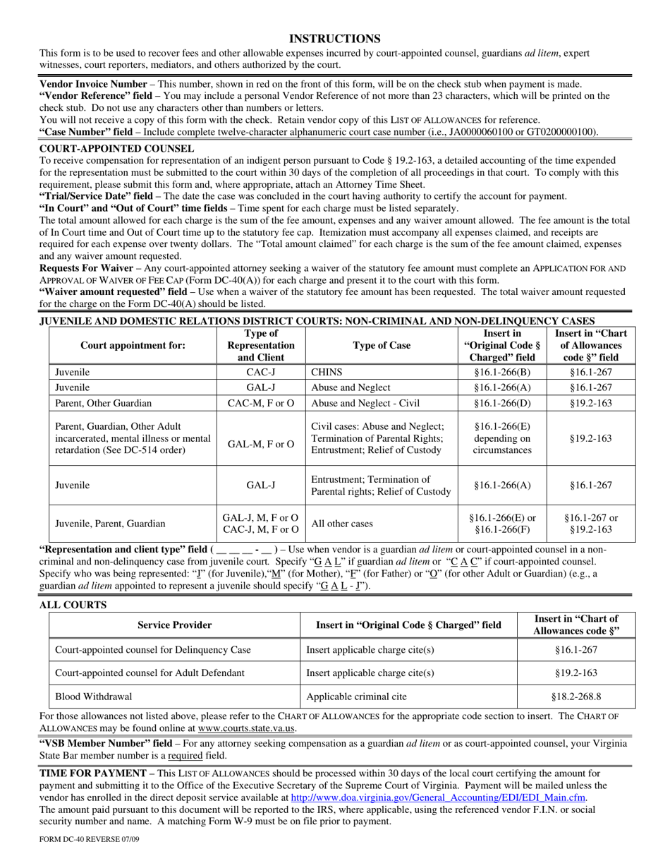 Download Instructions For Form DC-40 List Of Allowances PDF ...