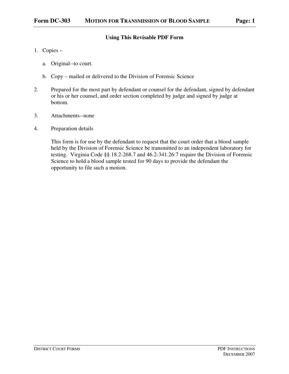 Instructions for Form DC-303 Motion for Transmission of Blood Sample - Virginia, Page 1