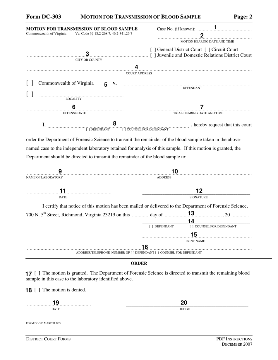 Instructions for Form DC-303 Motion for Transmission of Blood Sample - Virginia, Page 2