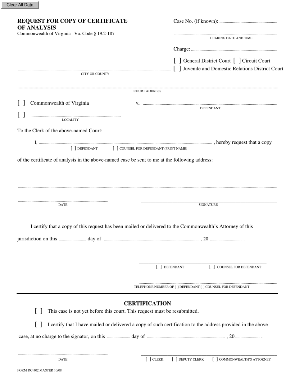 Form DC-302 Request for Copy of Certificate of Analysis - Virginia, Page 1