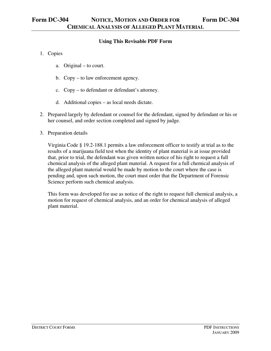Instructions for Form DC-304 Notice, Motion and Order for Chemical Analysis of Alleged Plant Material - Virginia, Page 1