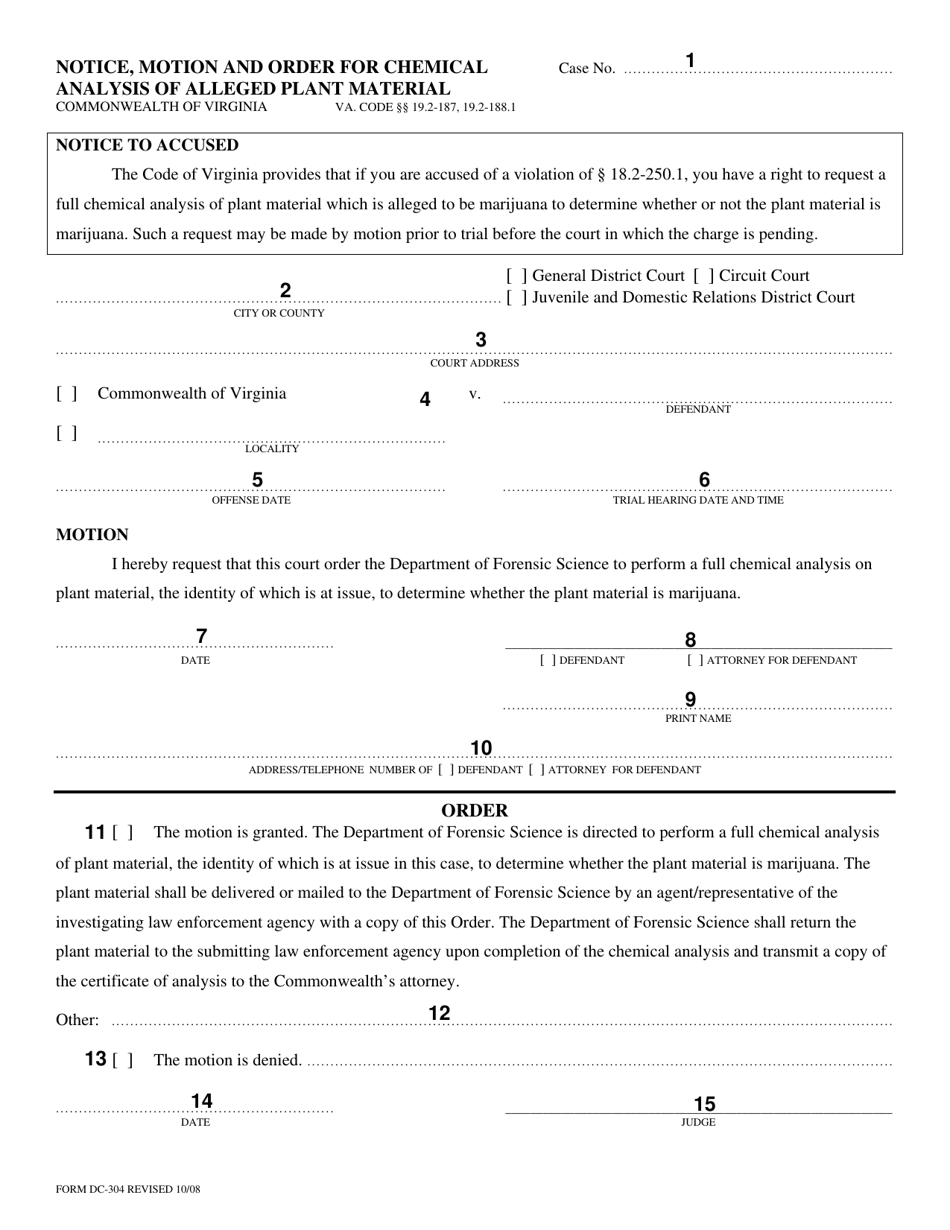 Instructions for Form DC-304 Notice, Motion and Order for Chemical Analysis of Alleged Plant Material - Virginia, Page 2