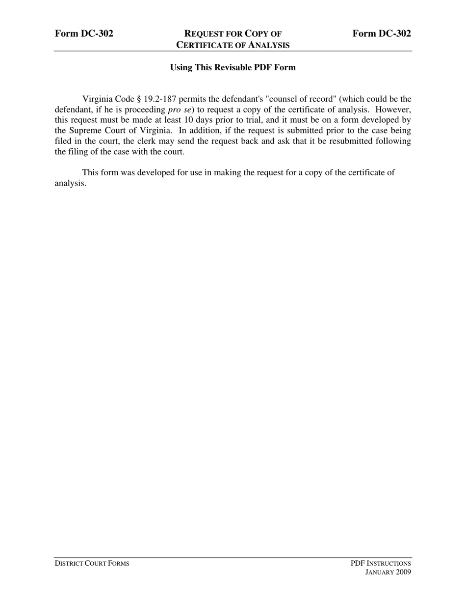 Instructions for Form DC-302 Request for Copy of Certificate of Analysis - Virginia, Page 1