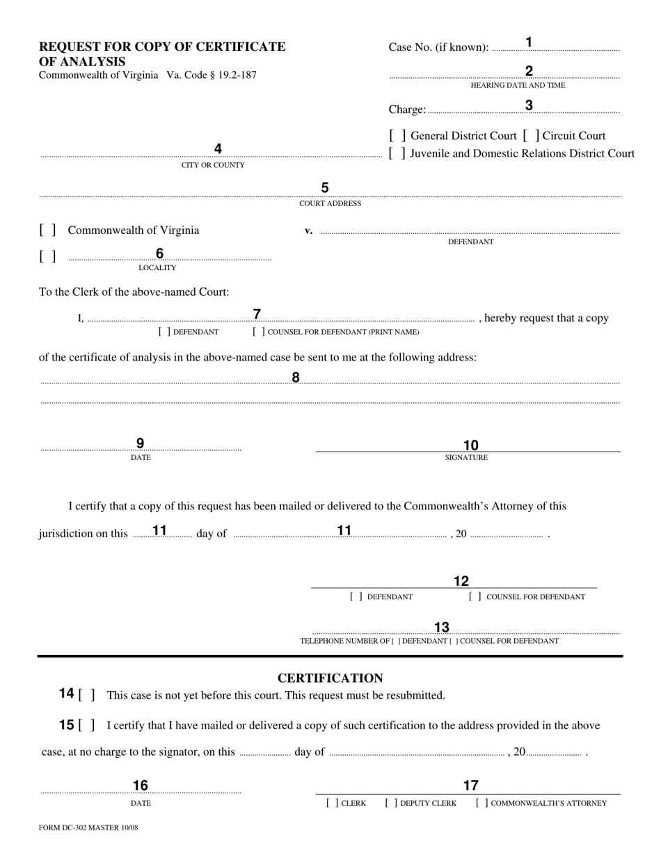 Instructions for Form DC-302 Request for Copy of Certificate of Analysis - Virginia, Page 2