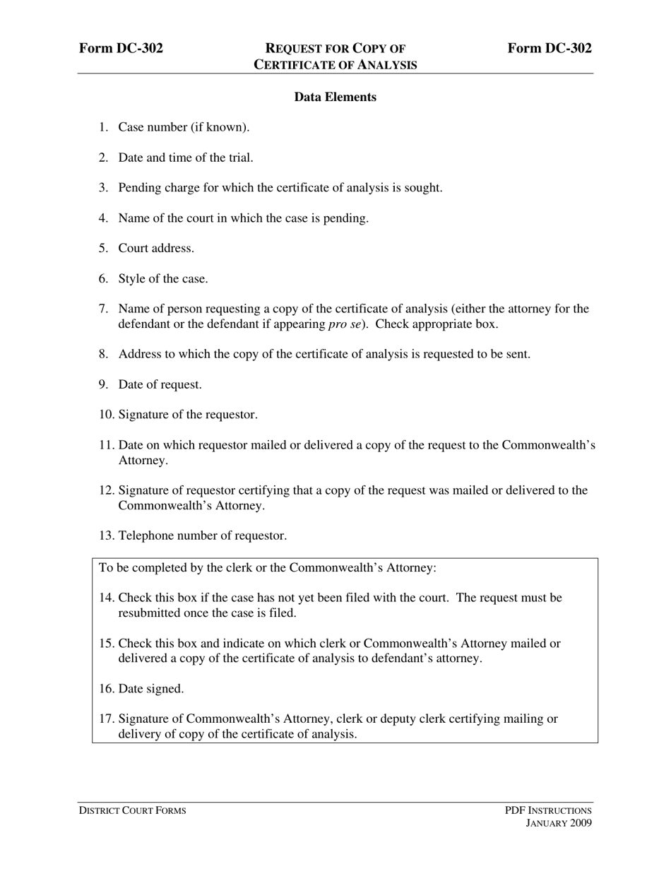 Instructions for Form DC-302 Request for Copy of Certificate of Analysis - Virginia, Page 3