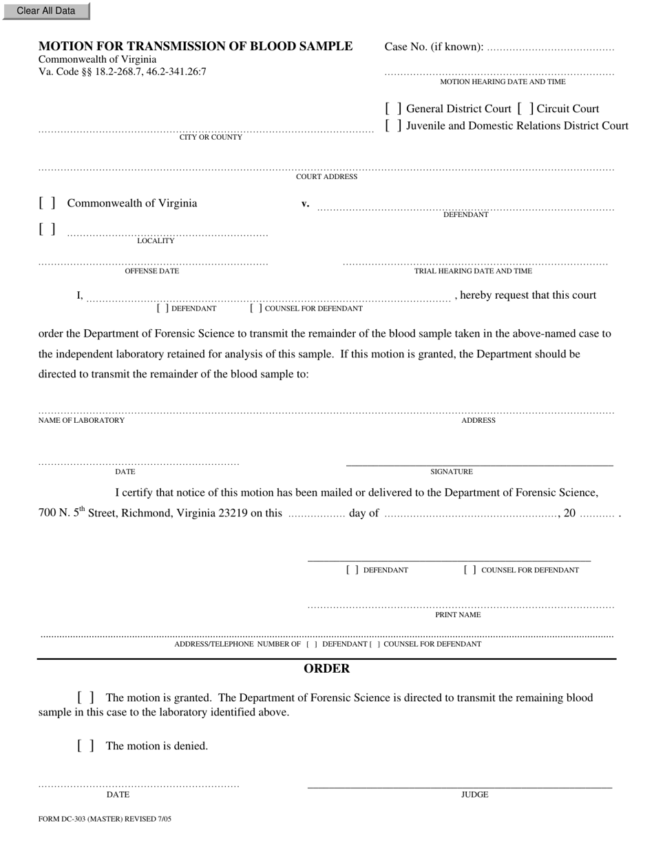 Form DC-303 Motion for Transmission of Blood Sample - Virginia, Page 1