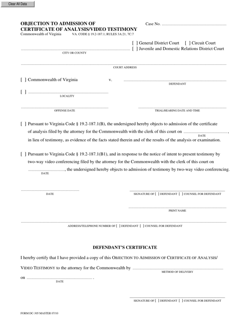 Form DC-305 Objection to Admission of Certificate of Analysis/Video Testimony - Virginia