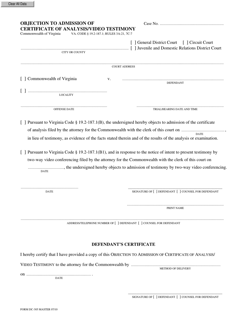 Form DC-305 Objection to Admission of Certificate of Analysis / Video Testimony - Virginia, Page 1