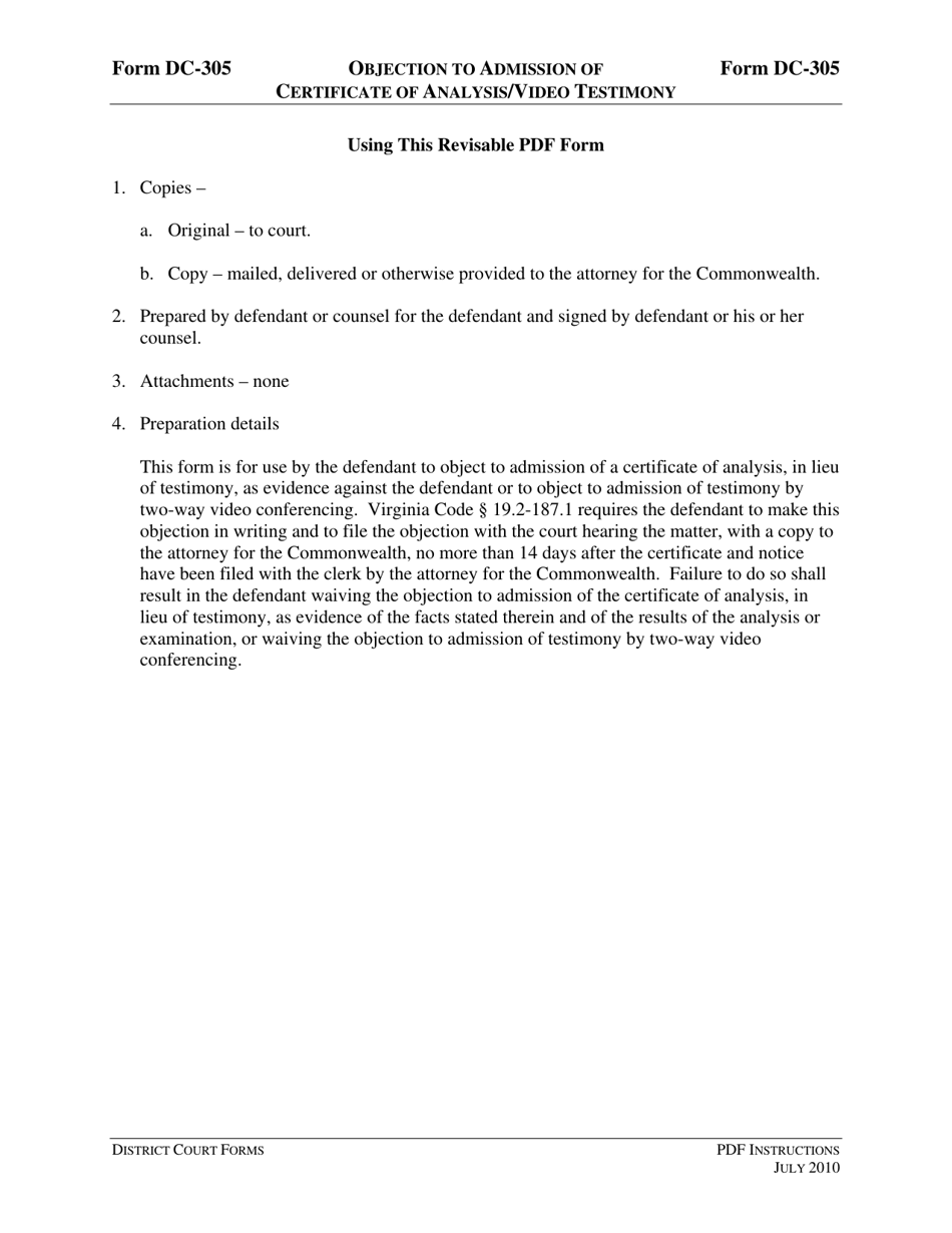 Instructions for Form DC-305 Objection to Admission of Certificate of Analysis / Video Testimony - Virginia, Page 1