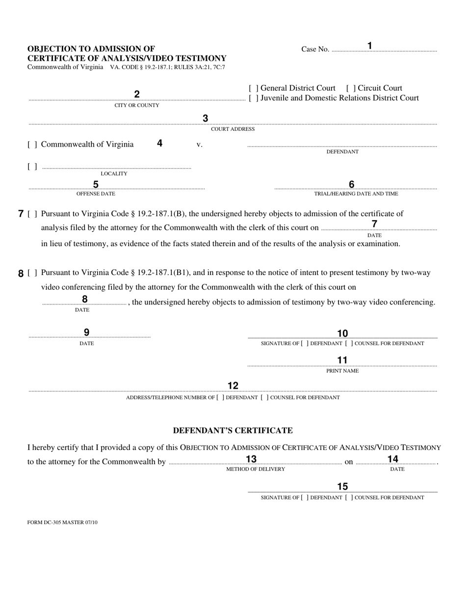 Instructions for Form DC-305 Objection to Admission of Certificate of Analysis / Video Testimony - Virginia, Page 2