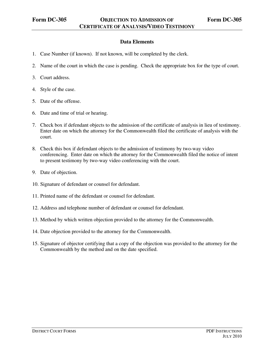 Instructions for Form DC-305 Objection to Admission of Certificate of Analysis / Video Testimony - Virginia, Page 3