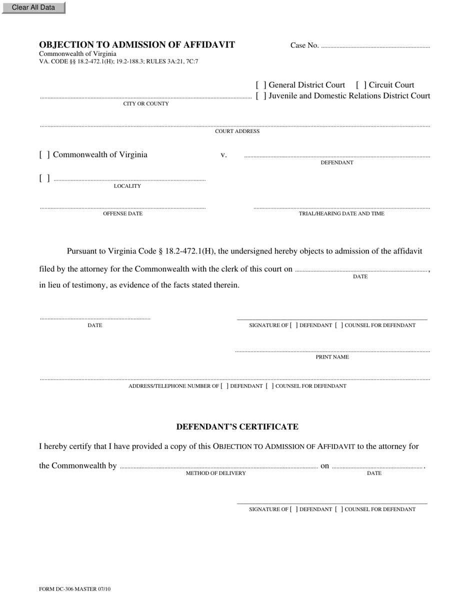 Form DC-306 Objection to Admission of Affidavit - Virginia, Page 1