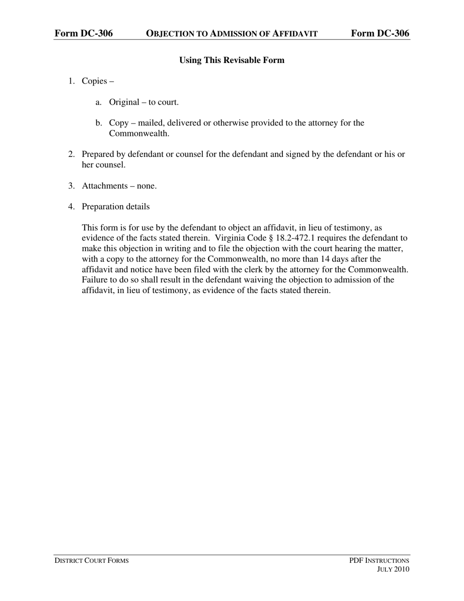 Instructions for Form DC-306 Objection to Admission of Affidavit - Virginia, Page 1